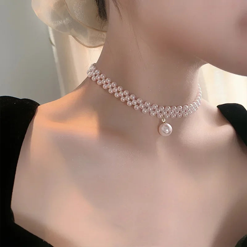 Multilayer Pearl Choker Necklaces