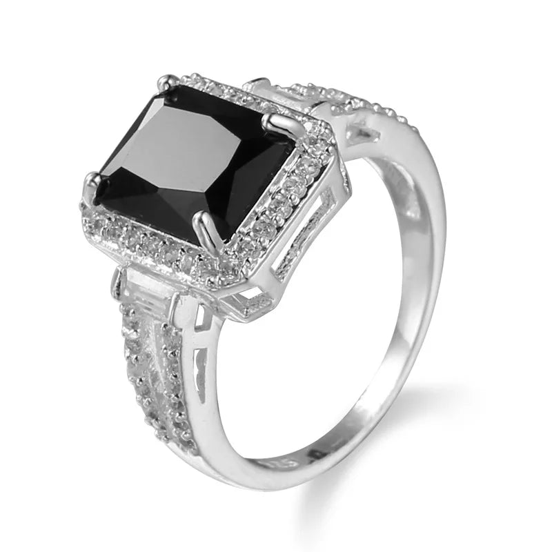 Black Rectangle Zircon Silver Ring