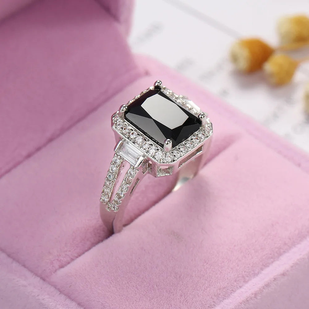 Black Rectangle Zircon Silver Ring