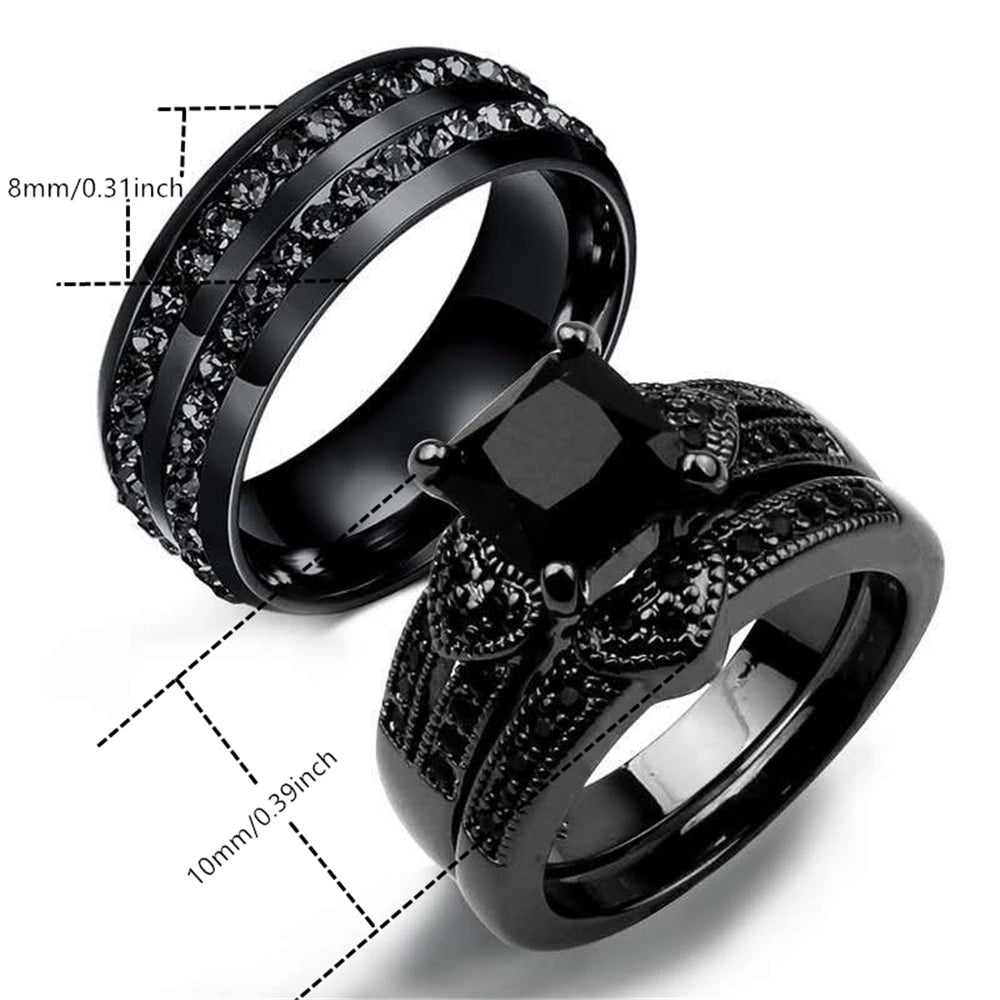 2 Pcs Black Full Zircon Stainless Steel Ring