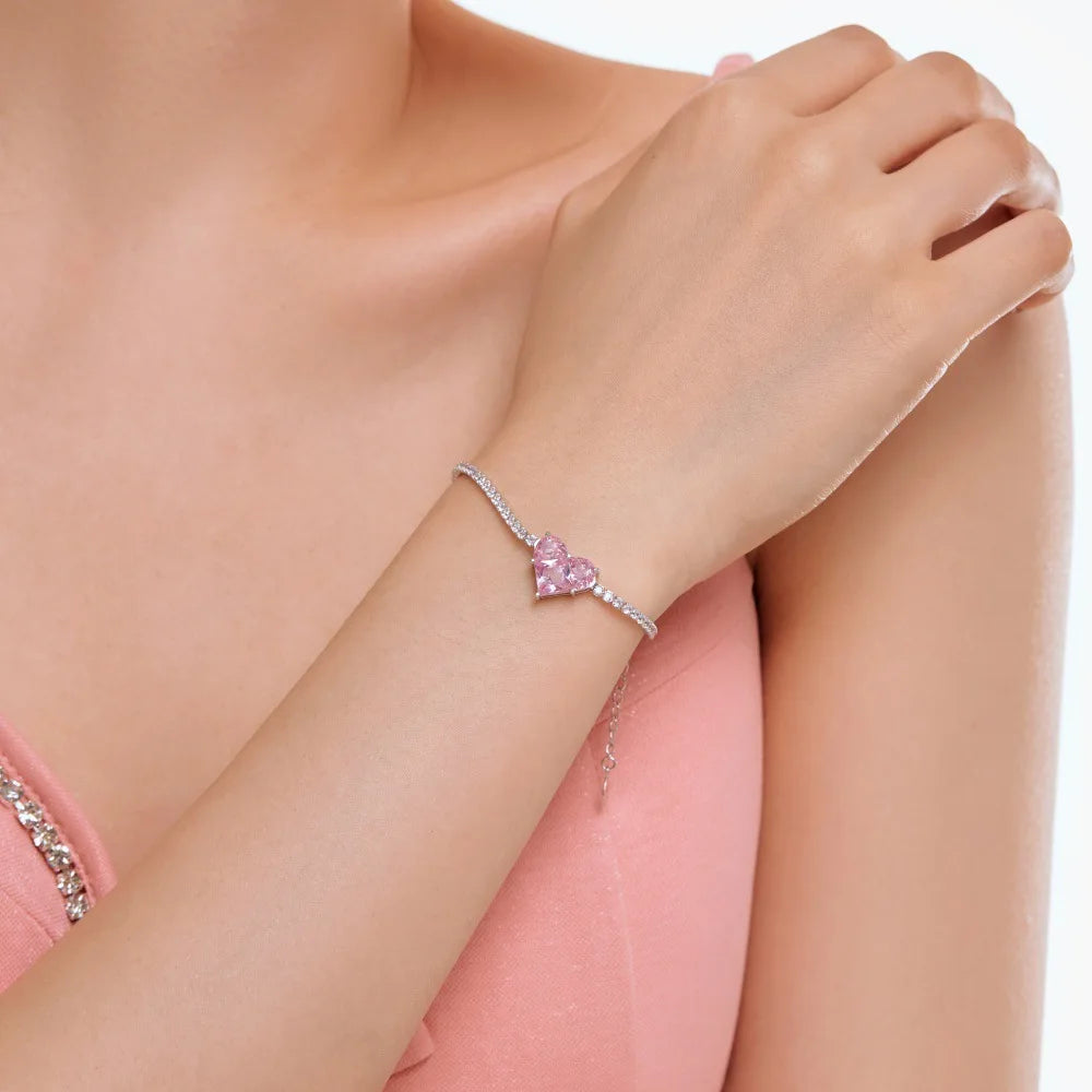 Silver Tennis Bracelet With Heart Diamond