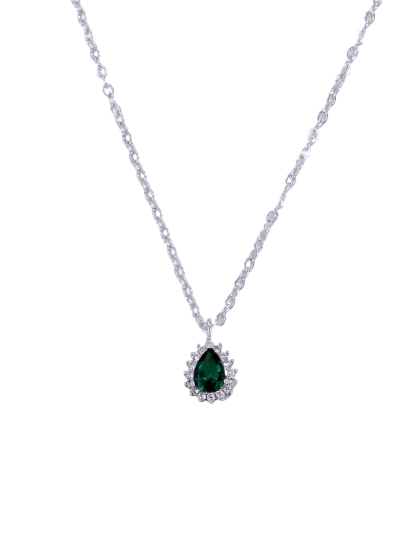 Silver Necklace Emerald Teardrop Diamond